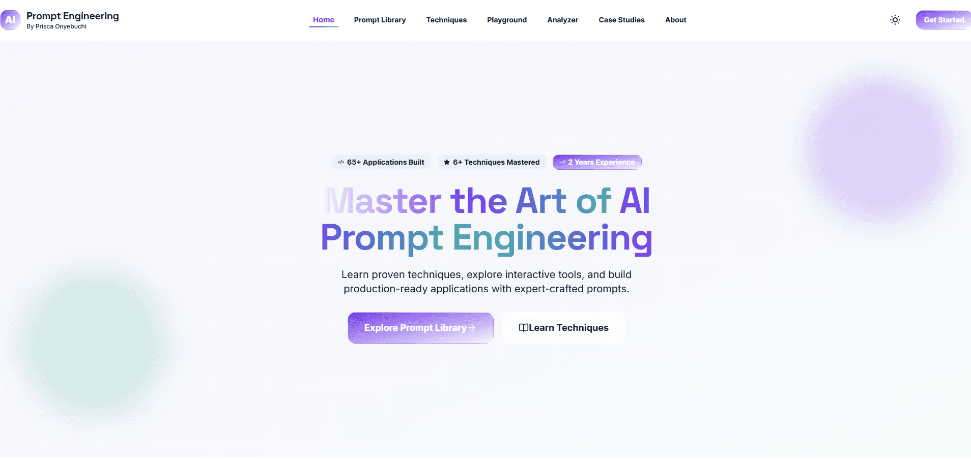 New glassmorphism design with floating orbs (static, no animation), text gradients, and translucent effects. Notice header elements too close to screen edges lacking proper margins.