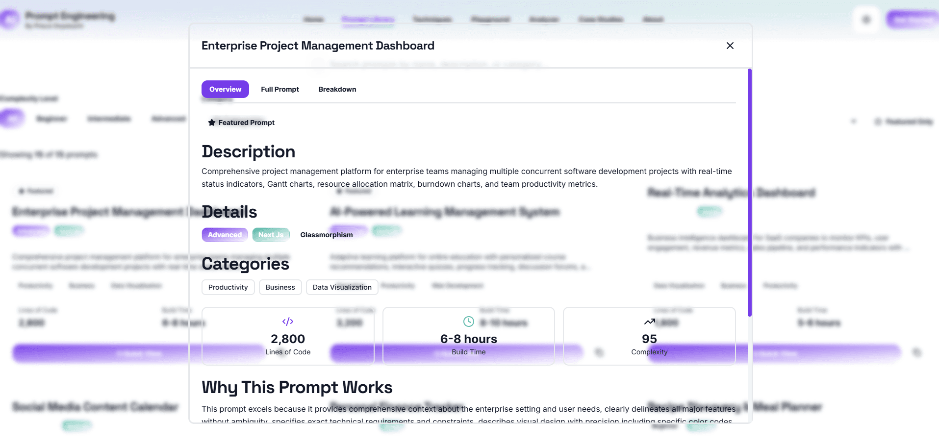 Redesigned modal with translucent/transparent background creating glassmorphism effect. While visually interesting, blurred content behind modal significantly reduces text readability, especially for learning content.