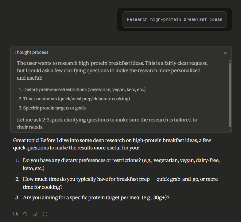 Claude's thought process when given a vague research prompt