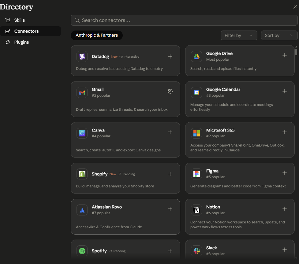 Claude's connector marketplace showing Datadog, Google Drive, Gmail, Google Calendar, Canva, Microsoft 365, Shopify, Figma, Atlassian Rovo, Notion, Spotify, and Slack