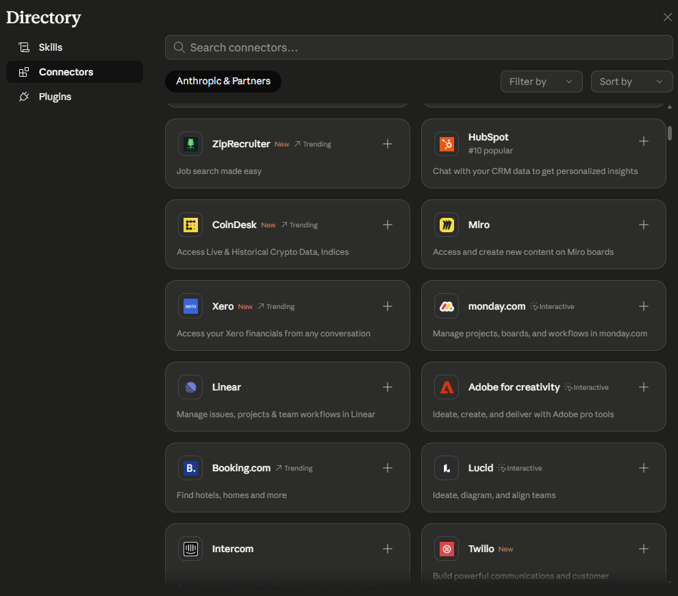 Continuation of the Claude connector marketplace showing ZipRecruiter, HubSpot, CoinDesk, Miro, Xero, monday.com, Linear, Adobe for creativity, Booking.com, Lucid, Intercom, and Twilio