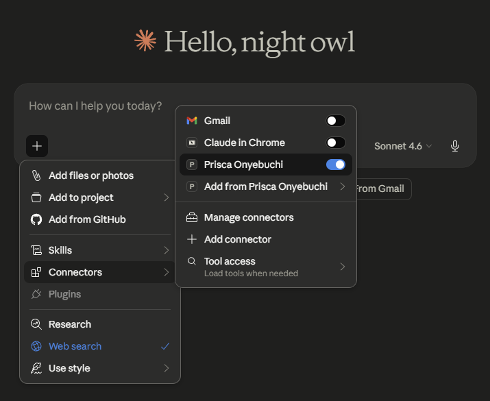 A working personal MCP connector for Prisca Onyebuchi shown inside the Claude connector menu